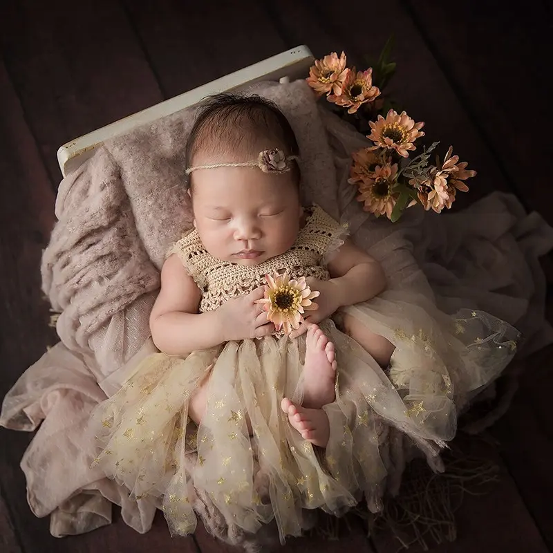 Baby Girl Handmade Knitted Stars Mesh Dress - Newborn Photography Props
